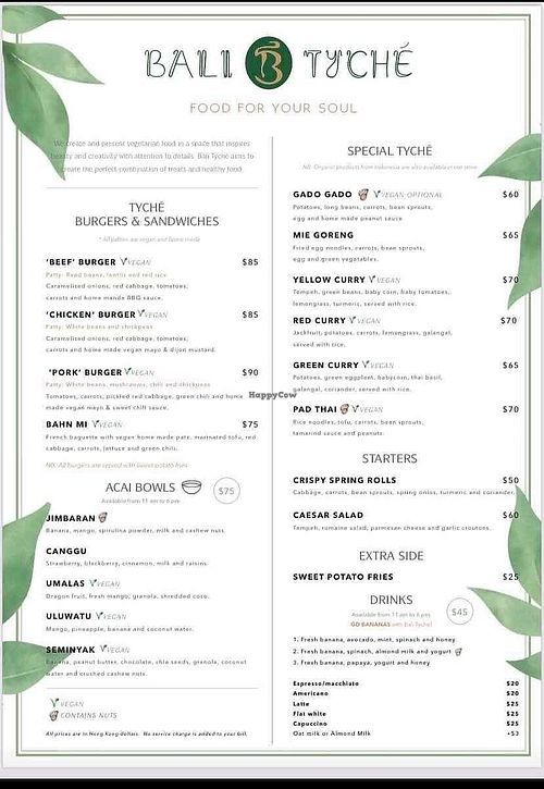 January 2021 menu at Bali Tyche in Outlying Islands