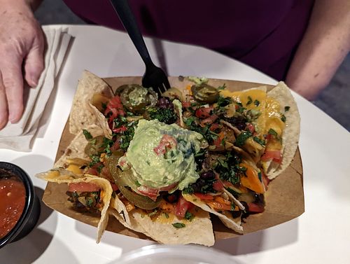 The small order of nachos, which is actually more than enough for dinner at Pepitas Vegan Taqueria in Denton