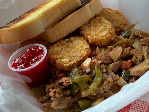 Vegan Italian Sausage Scramble: Potatoes, Green Peppers, Onions, Salsa with Potato Cakes (upcharge) and Sourdough Bread at Studio Grill in Kalamazoo