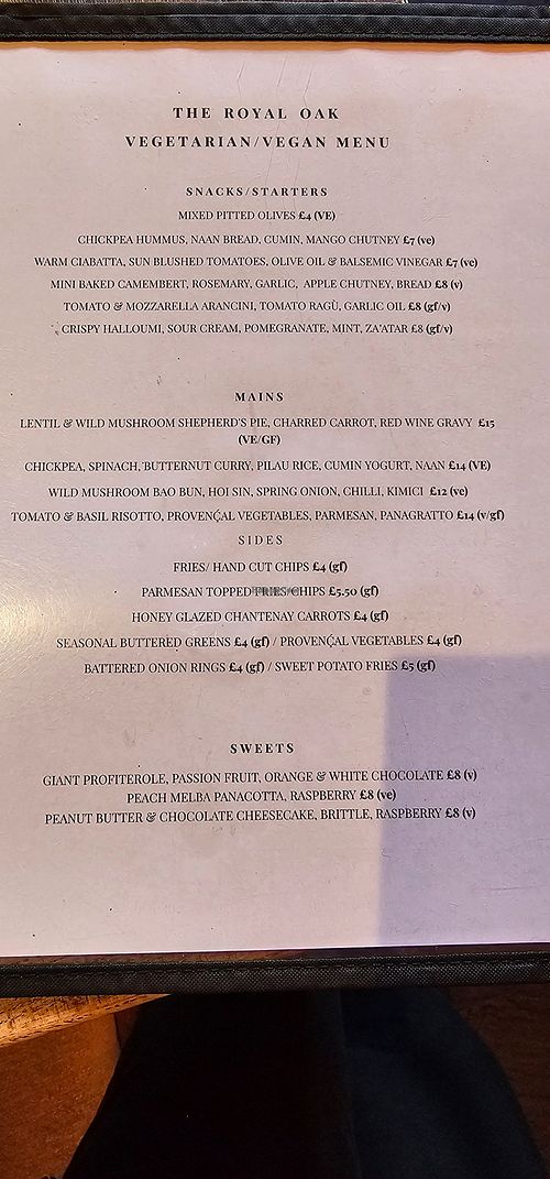 Menu as at September 2025 at The Royal Oak in Ripon