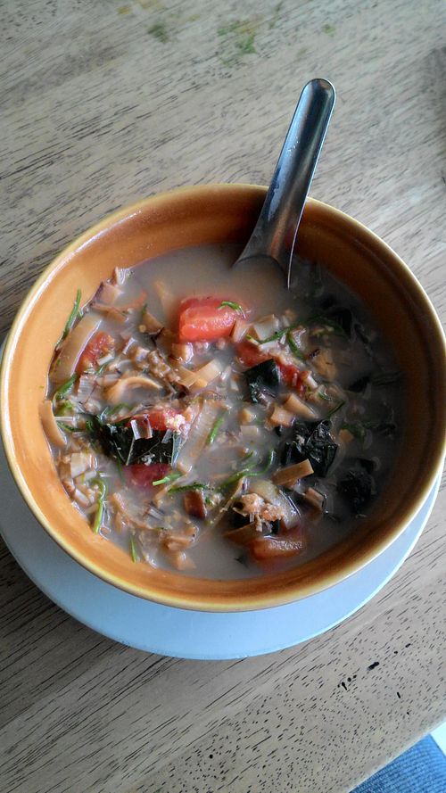banana flower soup (prepared with pla-ra, e.g. rather smelly fermented vegetarian fish paste.) at Pattaya Vegetarian Food in Pattaya