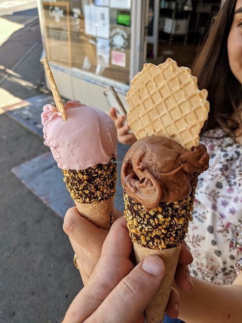 Vegan icecream cones. Raspberry lemonade and chocolate. at The Local Scoop in Dawlish