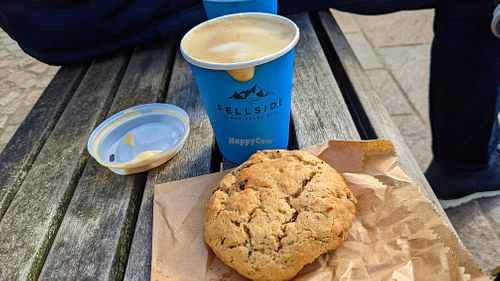 Oat Latte & Walnut chocolate chunk cookie at Fellside Coffee in Windermere