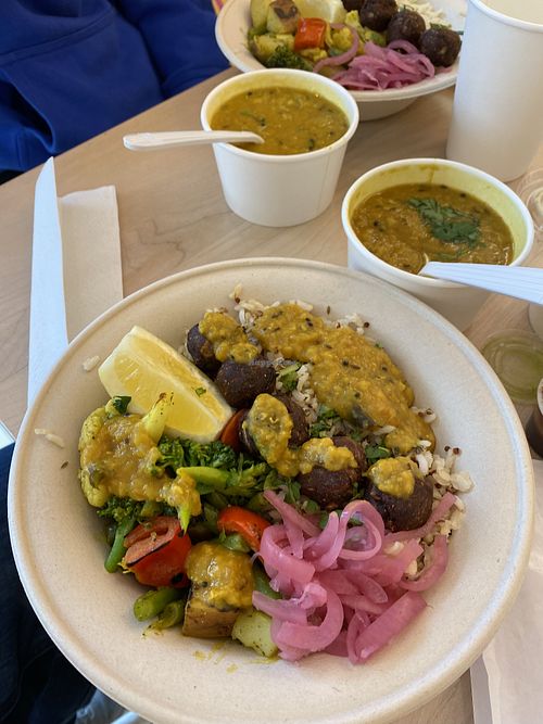 Dal on roasted veggie and lentil balls  at Pataka Vegetarian Indian Food in New Haven