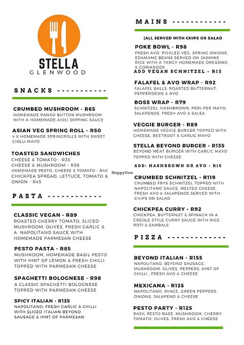 Vegan Menu  at Stella Glenwood in Durban
