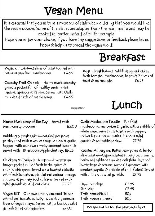 Vegan Menu at At Home Cafe & Bistro in Grange-over-sands