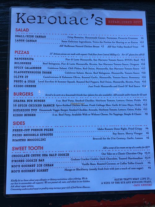 Menu at Kerouac's Restaurant in Baker