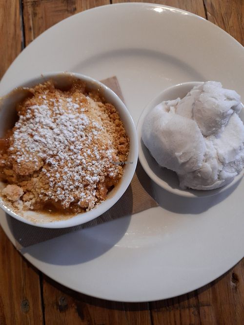 Vegan apricot crumble with coconut icecream at Jamworks Gourmet Foods in Glen Aplin