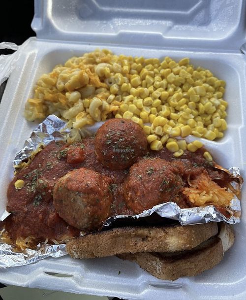 Meatballs & spaghetti made with squash noodles. Didn’t like it   at Love At First Bite in St Ann