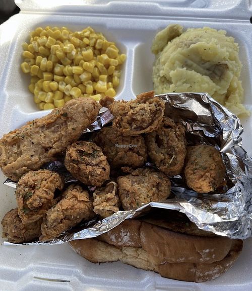 Soulfood Sunday dinner: Fried “chicken” was made with mushrooms and they didn’t inform us. Had to throw it away  at Love At First Bite in St Ann