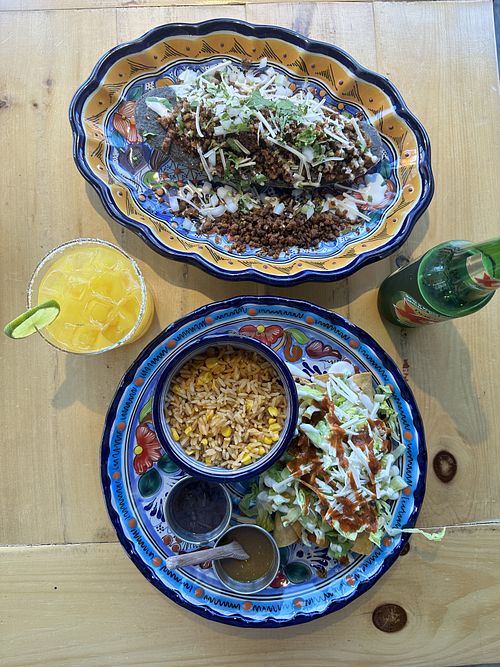 Huarache, salted mango margarita, chicken flautas with refried beans, rice/corn, and house-made Tres Compadres hot sauce, Dos Equis    at Mexhico Restaurant in Barrie