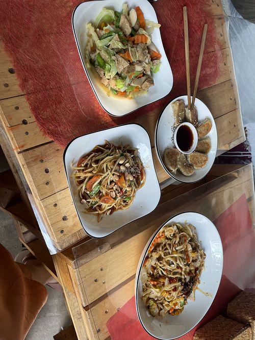 Gyoza, Lemongrass “chicken”, Mala noodles and Papaya salad  at Veggie Lover Cafe in Vientiane