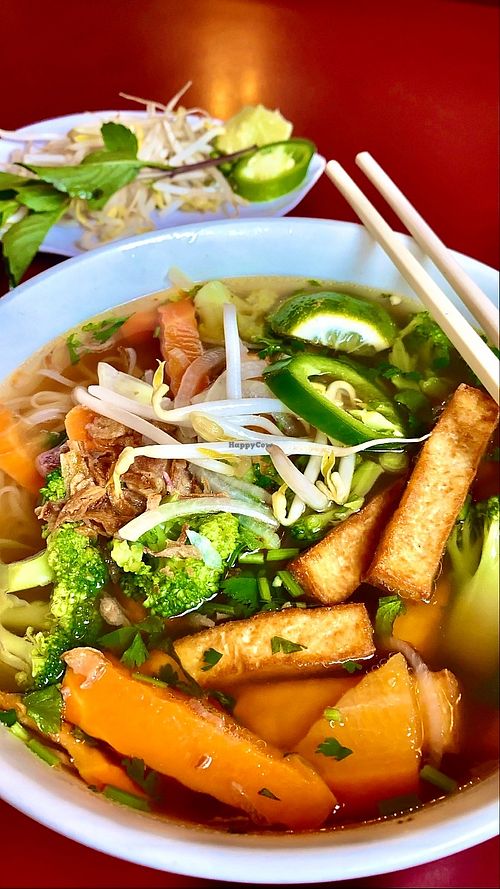 Tofu rice noodle bowl with vegetarian broth.  at Pho 50 in Pueblo