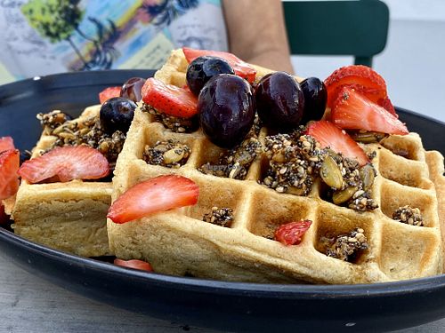 Vegan Belgian Waffle Special at Raw and Juicy in Alys Beach