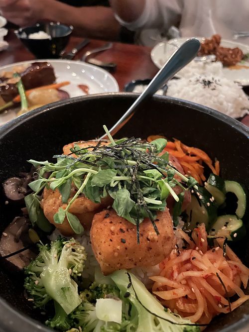 Vegan bibimbap with tofu  at Jinjuu Soho in London