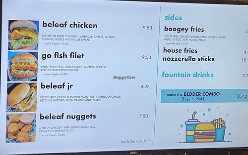 Menu board at BeLeaf Burgers in Stanton