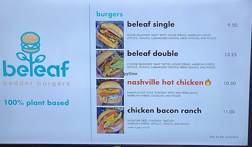 Menu board at BeLeaf Burgers in Stanton
