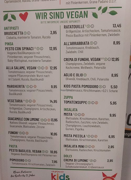 Menu at Vapiano in Karlsruhe