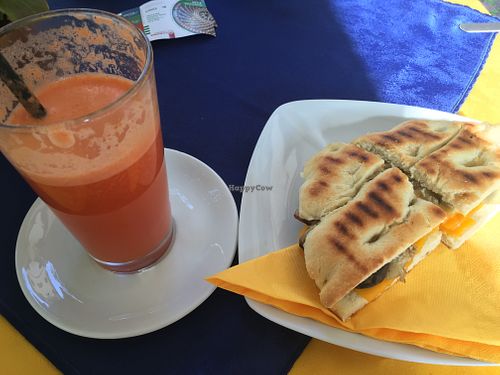 Juice and sandwich with vegan cheese and eggplant  at Bottega del Caffé in Verona