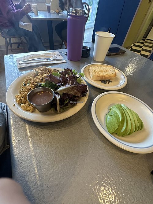 Tofu scramble with added avocado  at Laura & Tony's Kitchen in Eastham