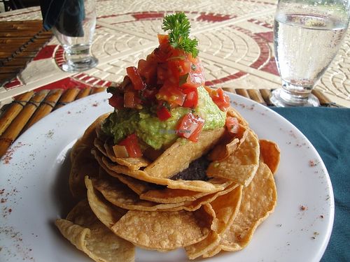tacos with guacamole and red beans at Ylang Ylang Beach Resort Restaurant in Montezuma