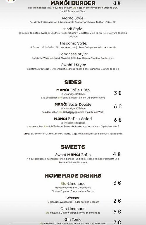 Menu at Venu Mangi in Saarbrucken