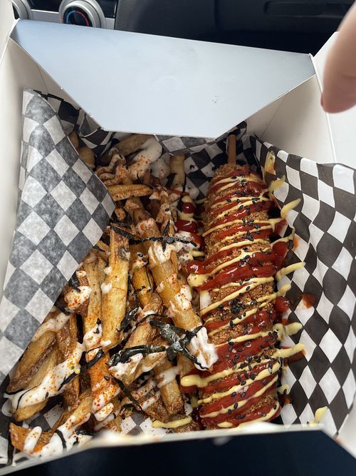 Corn dog & samurai fries  at Miso & Shiso in North Bay