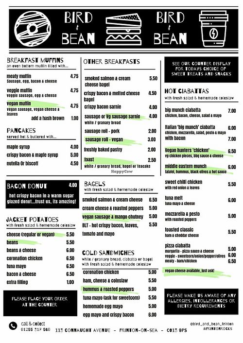 Food menu  at Bird & Bean in Frinton-on-sea