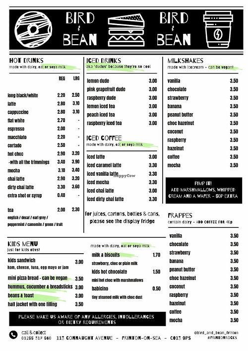 Drinks and kids menu  at Bird & Bean in Frinton-on-sea