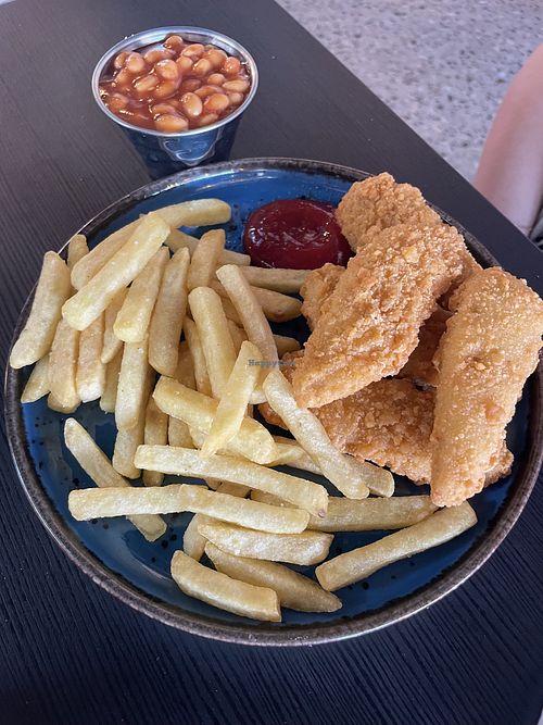 Kids chicken style strips with chips and beans   at Bird & Bean in Frinton-on-sea