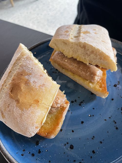 Vegan sausage in ciabatta   at Bird & Bean in Frinton-on-sea
