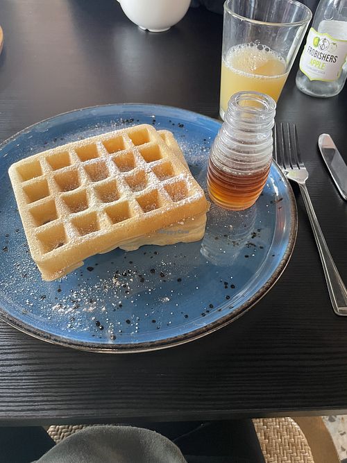 Sugar Belgian waffles with syrup  at Bird & Bean in Frinton-on-sea
