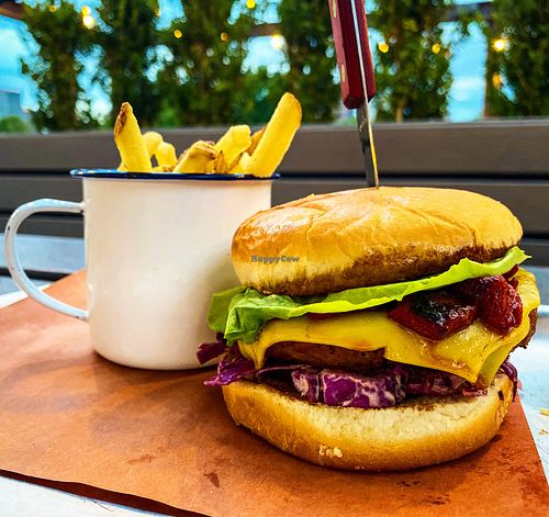 Vegan burger and fries at BrewDog in Columbus