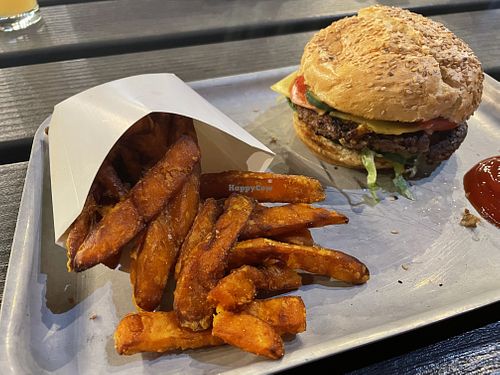 Burger and Sweet Potato Fries  at BrewDog in Columbus