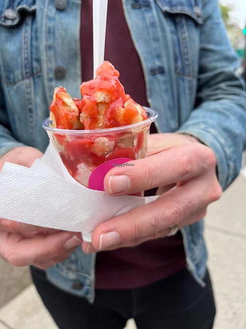 Current vegan sundae option (Strawberry Pie) with new supplier of the ice cream (Churned) at Dairy Bar in Halifax