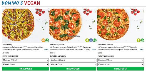 Current vegan Pizzas offered by Dominos Ostend (10.2020) at Domino's Pizza in Frankfurt