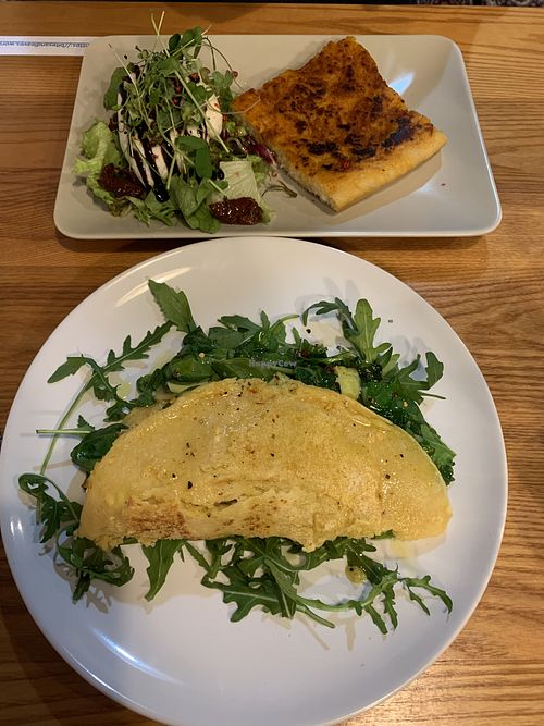 Chickpea pancake and buratta from the lunch menu  at Bites & Leaves Cafe  in Edinburgh