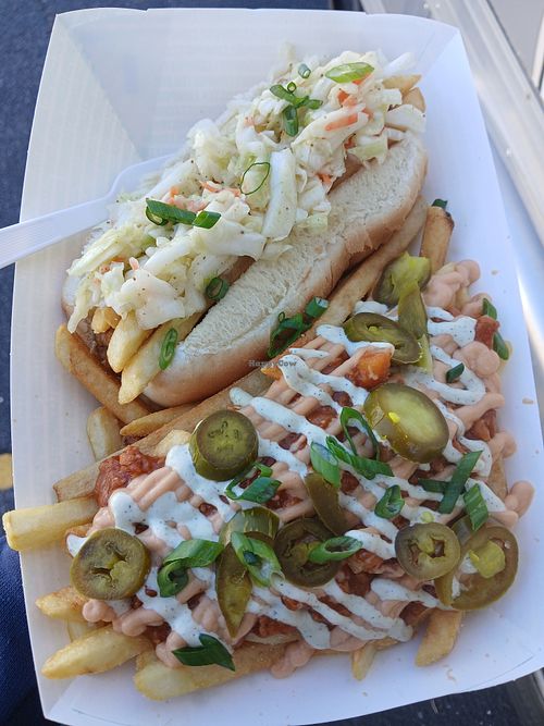 Detroit fries, Pittsburgh dog. at Frankly Plant Based Kitchen in Toledo