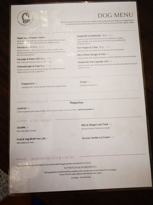 Doggie menu at Dandie Dog Cafe in North West London