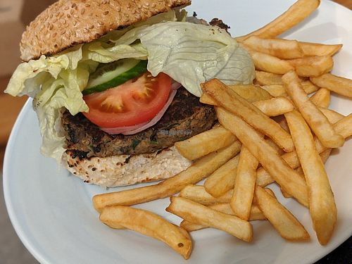 Delicious vegan mushroom burger and fries, take away at Bells Diner in Edinburgh