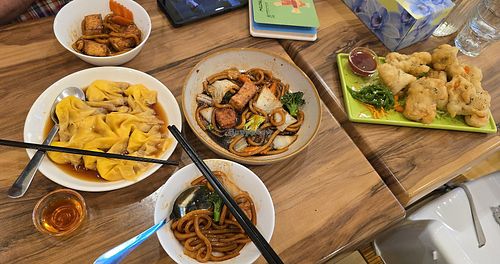 Chilli oil wontons, teriyaki udon noodles, salt and pepper mushrooms at Veggie Chef in Oakleigh