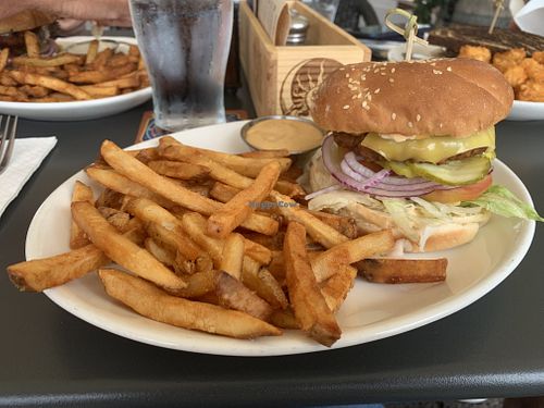 Mystic 18 Burger with a side of fries and extra mystic sauce! (Comes with vegan cheese too!) at McMenamins in Corvallis