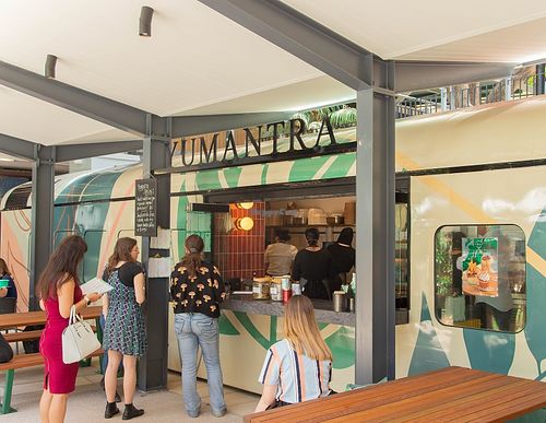 Front of restaurant in train carriage. at Yumantra in St Lucia