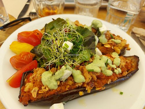 Aubergines farcies at Soya Cantine Bio in Paris