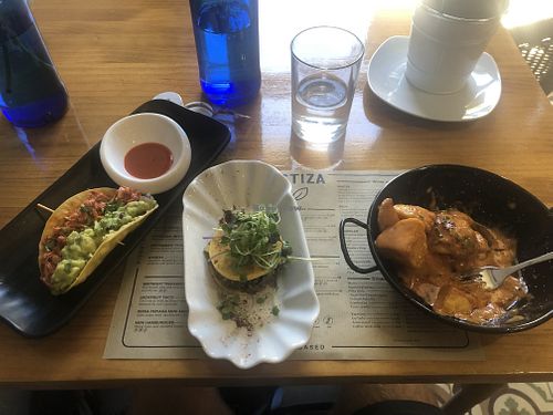 Jackfruit taco, arepa, potatoes  at MESTIZA in Valencia