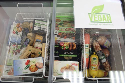 Vegan sausages, patties and cheese by VEGO at Polezno in Irkutsk
