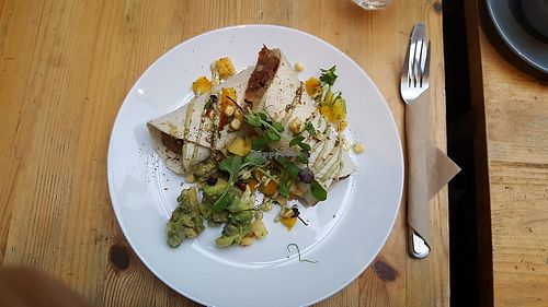 Burrito with pinapple and corn salsa  at Blue Mountain Vegan in South East London