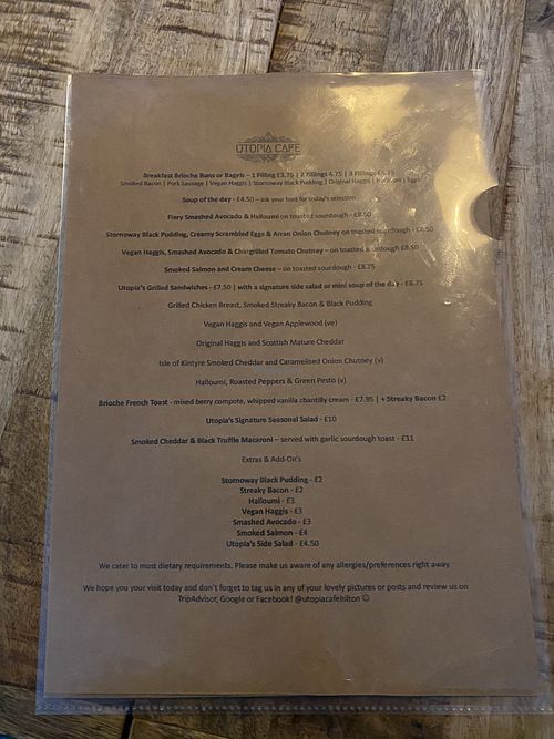 Menu at Utopia in Inverness