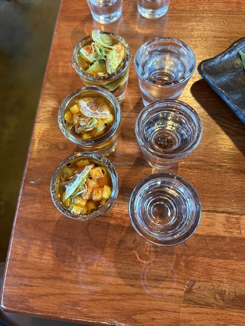 Vegan mango and mango avocado shooters. So unique and fun! Sake optional.   at Sushi In the Raw in Nevada City