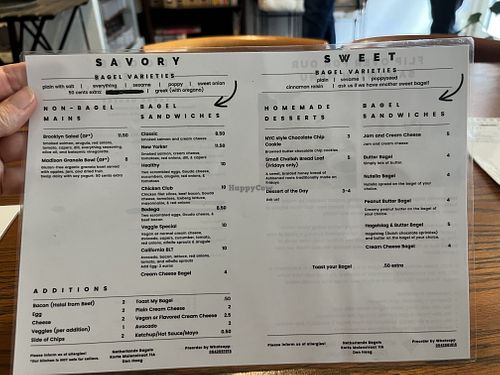 The menu August 2023 with one savory vegan option (veggie special) and one sweet (peanut)  at Netherlands Bagels in The Hague